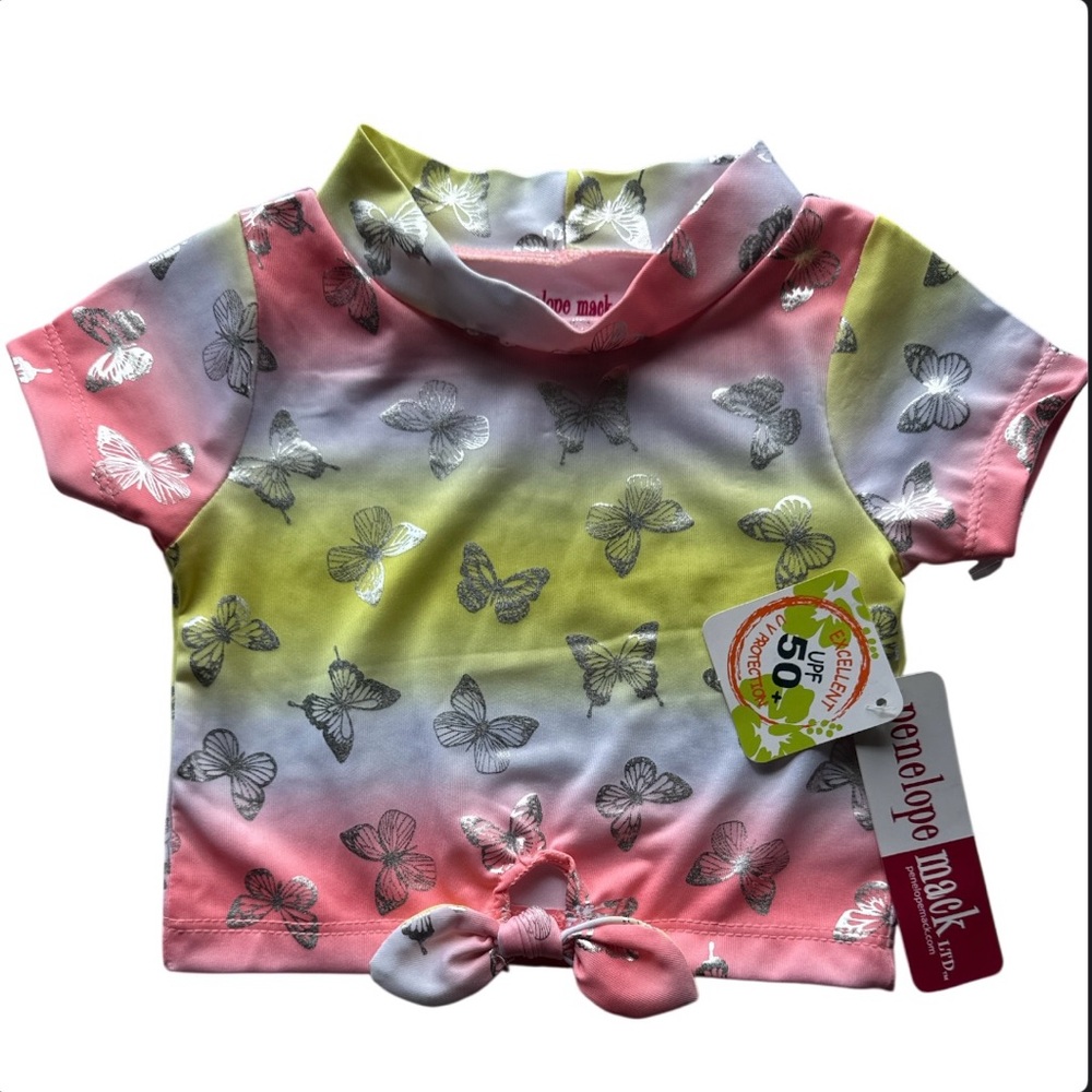 Penelope Mack UPF 50 Pink and Yellow Butterfly Rash Guard NWT Girls size 24M